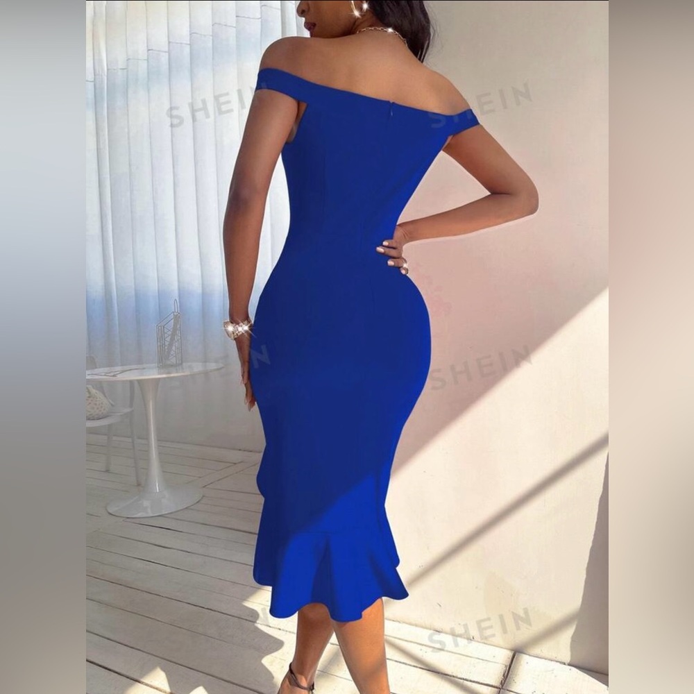 SHEIN BAE Bardot Split Thigh Ruffle Hem Bodycon Dress, Blue, Size Small - Picture 3 of 10